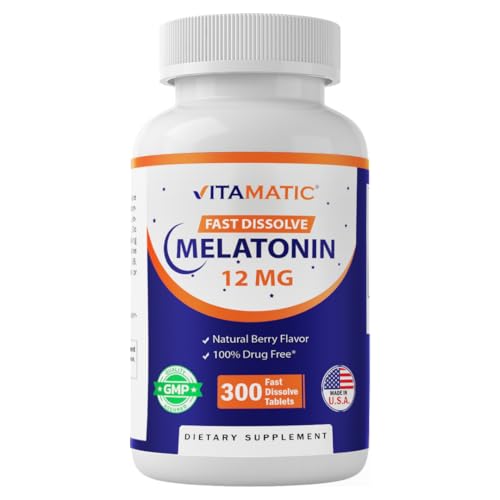 Vitamatic Melatonin 12 mg Natural Berry Flavor 300 Fast Dissolve Tablets Formulated by Healthcare Professionals Non-GMO Gluten Free