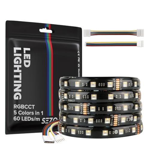 SEZO 5050 RGBCCT tira de luz LED 5 en 1 RGB+Blanco Cálido 3000K-6000K 24V 5M 60LEDs/M IP65 Impermeable RGBW RGBWW Superbright Tira LED para la Iluminación del Hogar y el Dormitorio