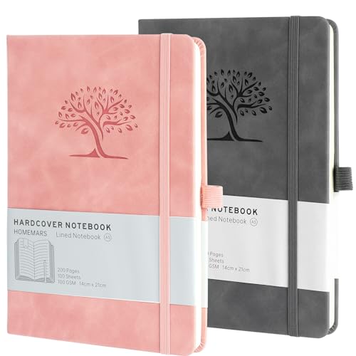 HOMEMARS Diario, Journal, Diario Personal, Journal Diary, Libreta, Libreta A5, Notebook, Cuaderno A5, Paquete de 2,Rosa Gris, 200 páginas, 100 GSM, Diseño de árbol en relieve, Cuero Vegano