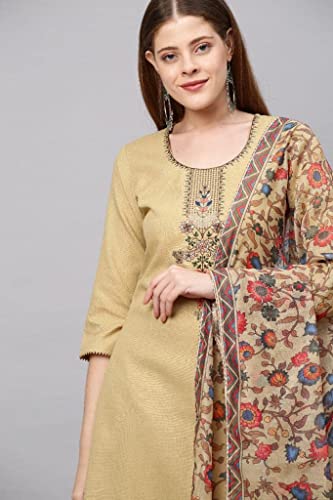 Image of GoSriKi Women's Cotton Blend Straight Printed Kurta with Pant & Dupatta (Authentic-GS)
