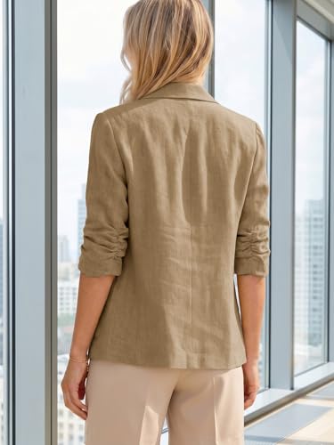 Image of Mina Self 2026 Summer Women's Linen Blazer Jacket - Lightweight Breathable 3 /4 Stretchy Ruched Sleeve Casual Work with Pocket