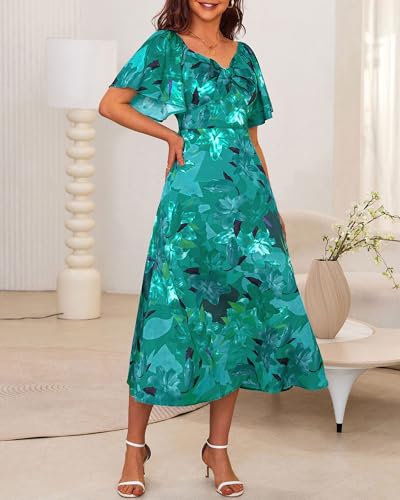 Image of Fashionme Womens Dresses 2026 Maxi Dresses Deep V Neck Elegant Bow Tie Front Cap Sleeve Summer Floral Satin Smocked Dress