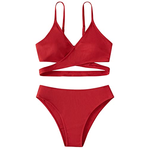 Maillots De Bain Grande Taille Enfant en Bas âge Fille 2 pièces Maillot de Bain Sport Solide Taille Haute Bikini Ensemble Maillots de Bain Maillot de Bain Maillots De Bain Filles (Red, 8-9 Years)