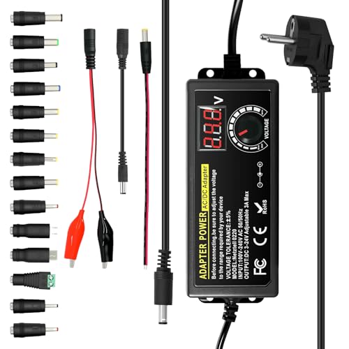 Wowfast 72W Universal Netzteil 3V~24V Einstellbares Variables Schaltnetzteil– Schaltnetzteil AC/DC Adapter 100-240V mit 14 Aufsätzen, Polkonverter + Messleitung,3A Max
