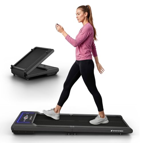Sportstech sWalk Fold, Klappbares Laufband mit LED-Beleuchtung, App-Steuerung, bis 6 km/h, kompakt mit Transportrollen, leise Treadmill für Zuhause, Home Office & Schreibtisch, bis 120 kg