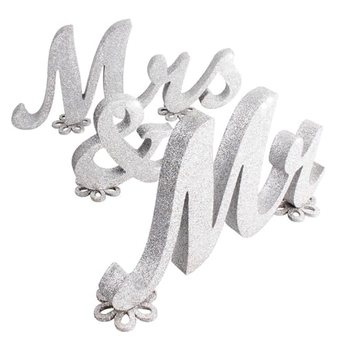 Lettre en Bois Mr & Mrs,Lettre Decorative Mariage,Mr & Mrs Signe Decoration Table Mariage,Signe en Bois à Paillettes Argenté Mr&Mrs pour Table de Mariage Décoration...