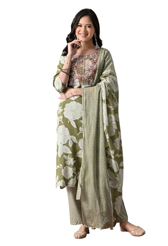 Image of Amazon Brand - Tavasya Women Cotton Anarkali Kurta Pant Dupatta Set | Printed Ethnic Suit Set | Flared Anarkali Kurta with Pant & Dupatta | Festive & Casual Wear