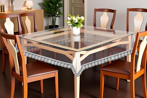 Image of The Furnishing Tree Square Shaped 4 Seater Transparent Table Cover WxL 60x60 inches 0.25 mm Thickness with Silver Lace