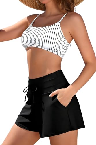 SHEKINI Traje de baño para Mujer con Pantalones Cortos de 2 Piezas, Parte Superior de Bikini de Cintura Alta, Parte Inferior con Control de Abdomen, Rayas, M