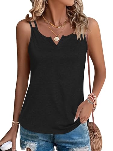 WNEEDU Tank Top Damen Sommer Armellose Oberteile Spaghettiträger Blusentop Cami Shirt V Ausschnitt Sexy Schwarz XL