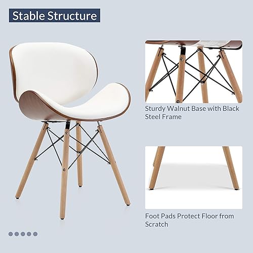 Image of BELLEZE Set of 2 Mid Century Modern Dining Chairs, Upholstered Faux Leather Walnut Curved Back Contemporary Kitchen Dining Accent Chair, Minimalist Vintage Style - Avalon (White)