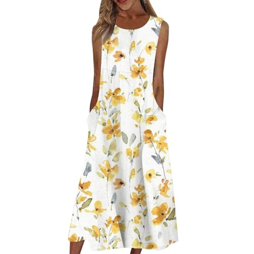 Tunika Kleid weiße Sommerkleider Maxi Dress Blumen Drucken Rundhals Ärmellos maxikleid Hippie Boho Hochzeit（Gelb, L