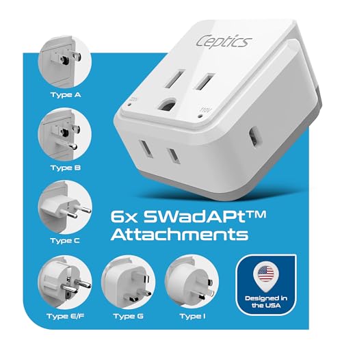Image of Ceptics World Travel Plug Adapter Set, Safe USB-C 3.0-2 USA Socket,30W PD & QC - Compact & Powerful - Use in Europe Includes Type A, B, C, E /F, G, I SWadAPt Attachments (PAK-30-WS)