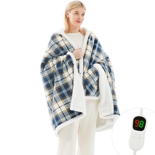 PLOATH Heated Electric Blanket Shawl: Heating Throw Heated Poncho - Wearable Blanket Hoodie Wrap Sherpa with 10 Heating Levels & Multi Heating Time Settings (40x70'' Blue)