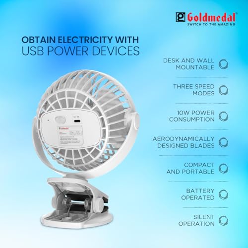 Image of Goldmedal i-Fan 100mm Mini Portable Fan - White | Pack of 1 | DesK Mountable & Multi-Clip Function | 360 Rotation Horizontal & Vertical