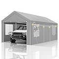 COBIZI Carport Canopy 12x20 Heavy Duty Portable Garage with Removable Sidewalls & Doors, Galvanized Frame Car Port Canopy Tent Waterproof with Built-in Sandbags for Car Boat Truck, Gray