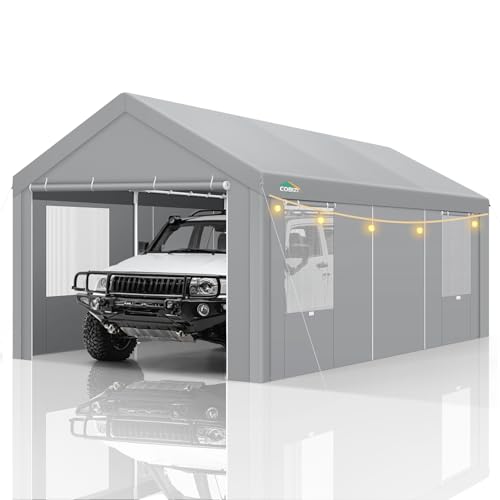COBIZI Carport Canopy 12x20 Heavy Duty Portable Garage with Removable Sidewalls & Doors, Galvanized Frame Car Port Canopy Tent Waterproof with Built-in Sandbags for Car Boat Truck, Gray