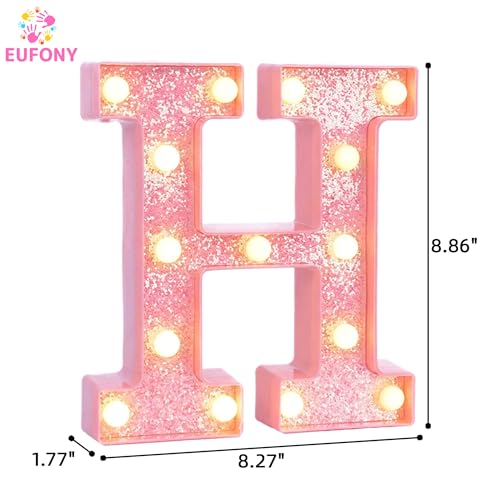 Image of Pink Marquee Light Up Letters, Glitter Alphabet LED Letter Lights for Pink Birthday Party Decorations, Battery Operated Letter Sign for Girls Room Vanity Table Decor, Warm White Lights Letter H