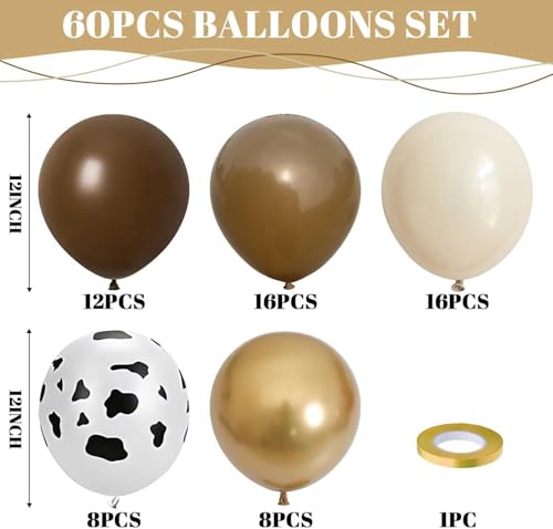Image of Cow Brown Balloons, 60Pcs 12 Inch Cow Print Coffee White Metallic Gold Latex Balloon, Tan Nude Neutral Beige Helium Balloons for Farm Western Theme Cowboys Cowgirls Birthdays Baby Shower Party Decor