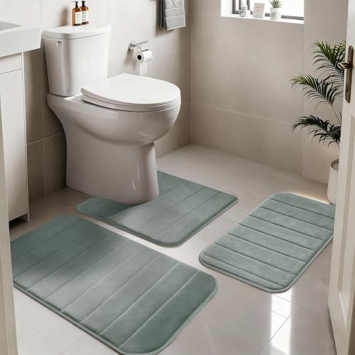 NAKIHOUSE 3 Piece Non-Slip Bath Mat Set, Luxury Thick Memory Foam Bathroom Rugs, Water Absorbent Soft Shower Mat Machine Washable Toilet Mat for Bathroom Floor, Light Gray