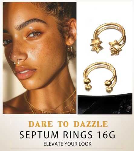 Septum Rings 16g Gold Plated Septum Piercing Nose Ring for Women Clicker Daith Piercings v2