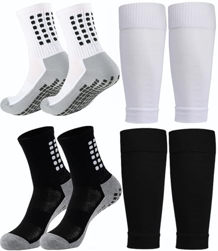 2 Set Soccer Grip Socks,Shin Guard Sleeves for Football Basketball for Men and Women One Size (2 Set...