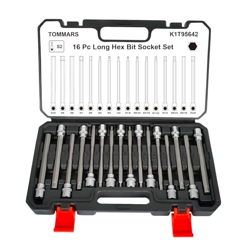 Image of TOMMARS 16-Pc Long Hex Bit Socket Set, Extra Long Allen Socket Set, CR-V and S2 Steel, SAE & Metric 1 /8-3 /8 in., 3-10 mm.