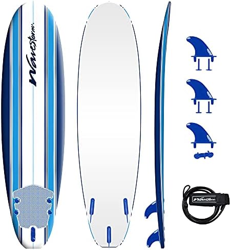 Wavestorm - Classic Soft Top Foam 7ft Surfboard Surfboard for Beginners and All Surfing Levels Complete Set Includes Leash and Multiple Fins Heat Laminated, Blue Pinline (AZ22-WSSF700-PIN)
