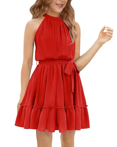 Newffr Girl's Halter Neck Sleeveless Summer Dress Tie Waist A-line Sundress Mini Swing Pleated Dress for Girls 4-122