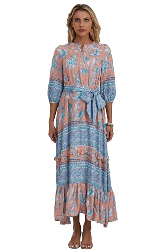 Image of Women Boho High-Waist Floral Print Maxi Dress 3 /4 Sleeve Casual | Soft Rayon, Breathable, Quick-Dry. High-Waist with Adjustable Belt, Flattering Hem. Ideal for Beach, Work & Dating.