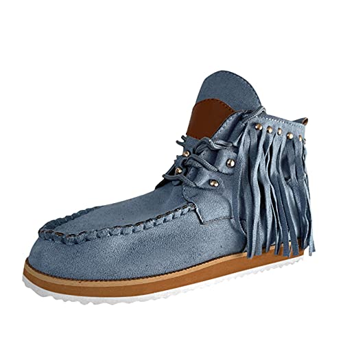 Hbeylia Boho Ankle Booties For Women Ladies With Fringes Ethnic Bohemian Vintage Suede Tassel Lace Up Wide Round Toe Chunky Bottom Heels Low Top Short Boots Retro Beach Slip On Dress Walking Shoes3
