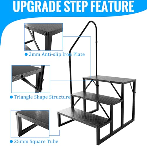 Image of 3 Step RV Stairs with Handrail, 660LBS Heavy Duty Anti-Slip Metal Steps, Detachable Outdoor Stairs for Hot Tub /5th Wheel /Pool /Mobile Home