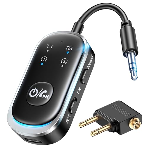 LENCENT Bluetooth 5.3 Transmitter and Receiver 2 in 1 Airplane Bluetooth Adapter for Airpods or Headphones Dual Pairs 3.5mm AUX Jack Wireless Audio Transmitter for Planes TV Car Stereo Treadmill