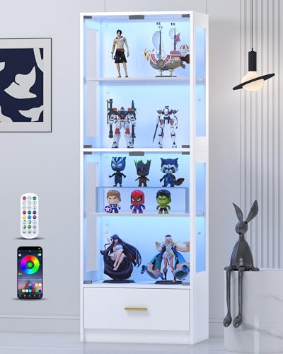 Image of Lamtor 67 inch Display Cabinet with Glass Doors and 1 Drawer | White | RGB LED Lights, Pop-Up Glass Doors, Adjustable Shelves, Anti-Tip Design