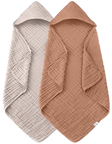 Image of Spotted Play 2 Pack Hooded Baby Towels - 100% Muslin Cotton for Newborns, Infants, Toddlers - Large 32x32 Inch Size - Highly Absorbent and Essential for Newborn Care, Light Bean Paste