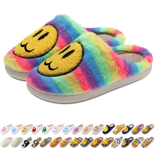 Image of Women's Men's Preppy Happy Face Slippers Comfy Warm Plush Slip-On House Slipper for Winter Indoor Soft Cushion Non-slip Fluffy Slides Slippers