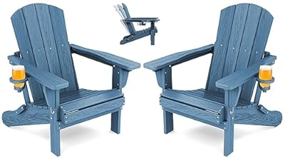SERWALL Folding Adirondack Chair Set of 2, Adjustable Adirondack Chair with 3 Recline Positions, All Weather HDPE Outdoor Adirondack with Cup Holders, Blue
