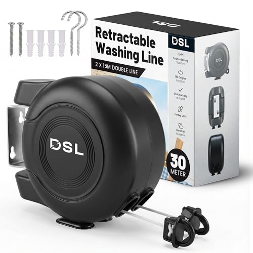 DSL Retractable Washing Line - 30m Heavy Duty Twin Cable Wall Mounted Extendable Laundry Clothes Airer Indoor and Outdoor Use - 2 x 15m Drying Double Clothes Line