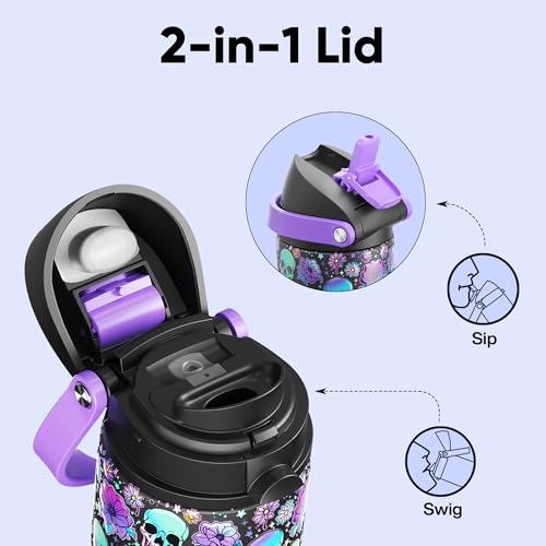Image of Insulated Water Bottle with Straw - Encool Stainless Steel Water Bottle with Push Button Lid, Leak-Proof & BPA-Free, Keeps Cold for 24 Hours for Sports, Travel, Gym (24 oz, Floral Afterlife)