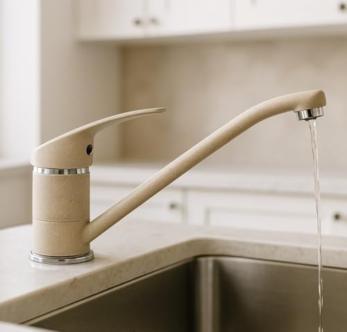 MAKA Rubinetto Lavello Cucina Avena, in Acciaio Inox - Girevole a 360° - Miscelatore Cucina con Accessori per Montaggio, Miscelatore Monocomando Beige Opaco, Rubinetto con Flessibili (Canna Bassa)