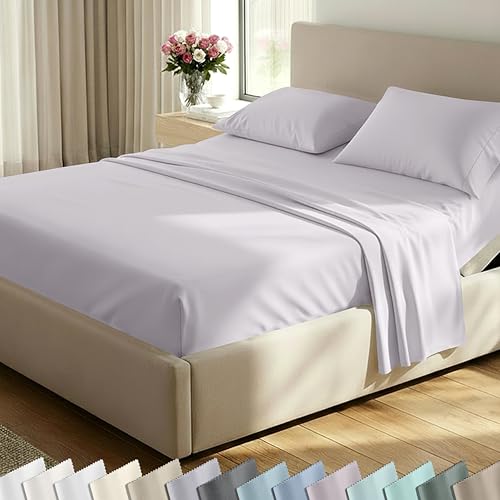 Image of California Design Den Split King Sheet Set - 600 Thread Count Sateen, 100% Cotton Sheets, Deep Pockets with All Around Elastic, Snug Fit, Durable Bedding Set - Pale Lavender