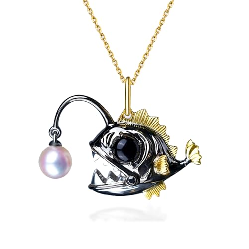 Hi Pearl Necklaces for Men Women Unisex Angler Fish Necklace Small Lantern Fish Pendant Choker Necklace Freshwater Natural Pearl Lure, 18 Inches with Extender
