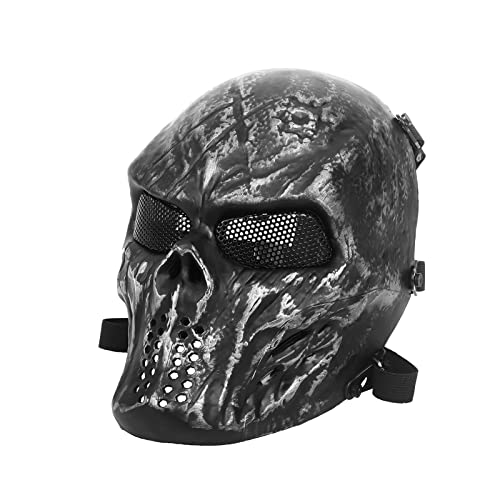 Airsoft Maske, Schädel Vollgesichtsmaske für Halloween Airsoft Tactical Game Cosplay und Party Silber-Grau Cover