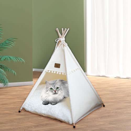 Vinnypet Tipi Zelt fur Katzen und Hunde Haustierzelte Häuser mit Plüschkissen Luxery Hundezelt Katzenzelt Abnehmbar und Waschbar Katzenhaus Haustierhäuser 50x50x60cm