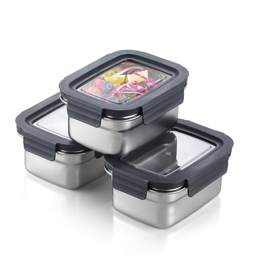 Misichao Stainless Steel Food Storage Containers with Lids - Stackable Airtight Meal Prep Food Containers for Kitchen & Pantry Leakproof Reusable Metal Bento Lunch Box 600ml 3 Pack