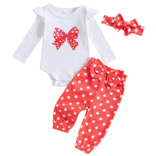 Mubineo Baby Girl Clothes Cute Outfits Ruffle Romper Flower Tops Pant Set Infant Fall Winter Long Sleeve Newborn Outfit (White Red, 3-6 Months)