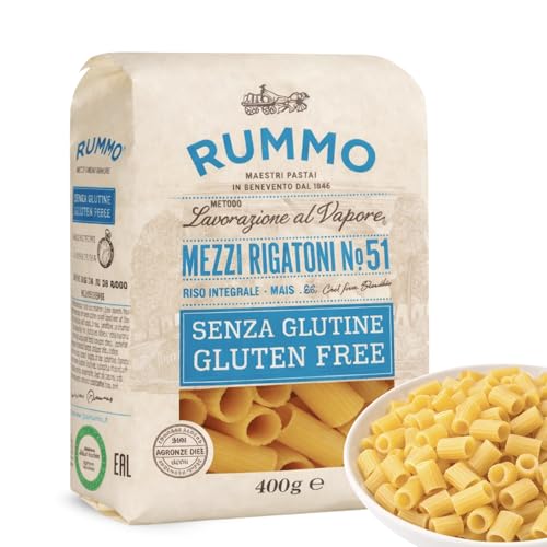 Pasta Rummo Mezzi Rigatoni SIN Gluten nº 51, Pasta Italiana, Pasta alimenticia con harina de arroz integral y maíz, Sin gluten, Elaboración lenta, 1 Paquete de 400 gr