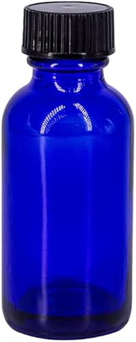 Miniatura 3 de Botellas redondas Boston de vidrio azul cobalto de 1 oz con tapa acanalada negra, paquete de 24