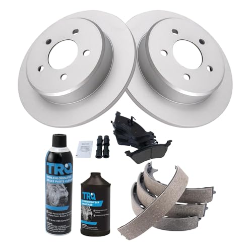 Image of TRQ Rear Brake Pad & Rotor Kit, with Chemical Kit Parking Brake Shoe Set Semi-Metallic Compatible with 2001-2007 Chrysler Town & Country Dodge Caravan Grand Caravan