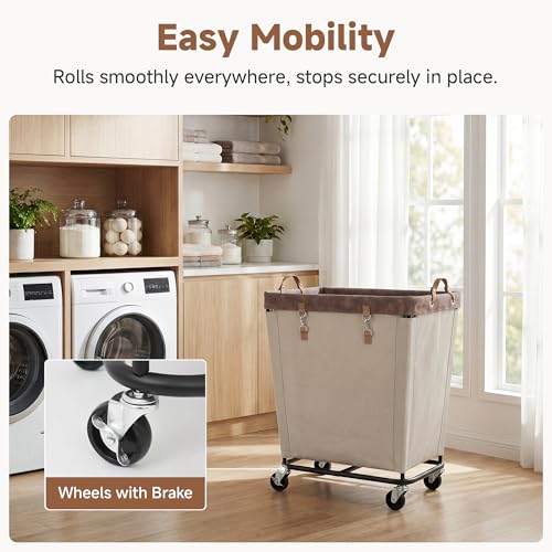 Image of StorageWorks Laundry Basket with Wheels for Clothes, 210L Tan Hamper Cart